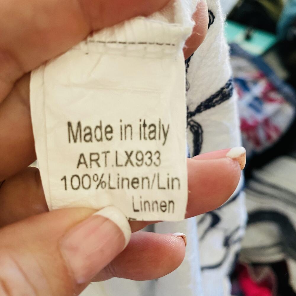 Lungo L'Arno Dress Womens Large White Navy Linen Collared Shift Mini Made Italy - Picture 6 of 7